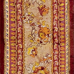 Narrow floral runner rug with a beige field surrounded by detailed red and gold patterned borders.