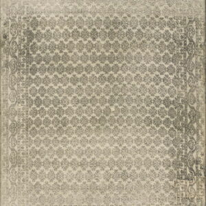 Muted gray and beige traditional rug featuring an all-over repeating medallion design and multiple patterned borders.