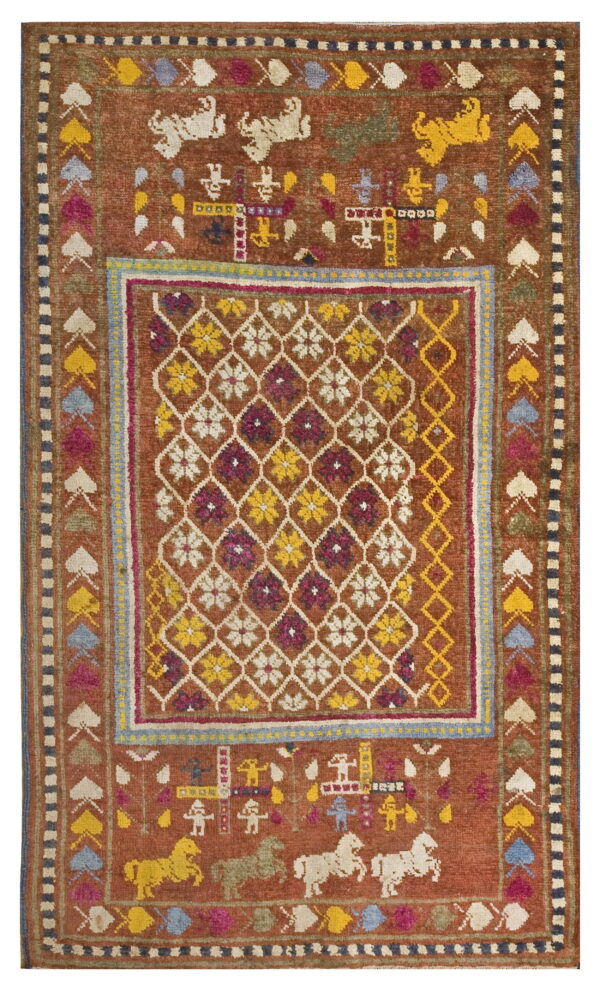 Earthy brown rug with colorful primitive designs, including figures, horses, and a central floral lattice pattern.