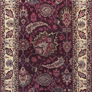 Burgundy and beige rug with a detailed Persian-style floral pattern and wide contrasting border.
