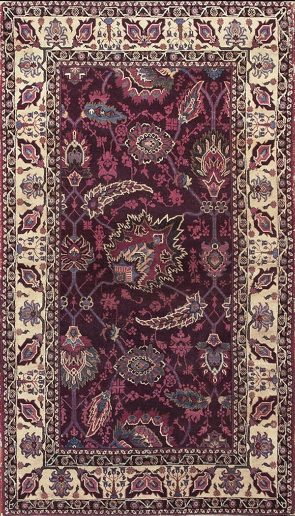 Burgundy and beige rug with a detailed persian-style floral pattern and wide contrasting border.