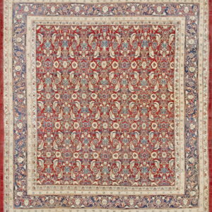 Red and navy traditional rug with dense all-over pattern and wide cream ornamental borders.