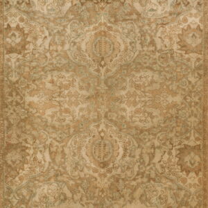 Tan and beige distressed rug with an intricate traditional central medallion and floral design.