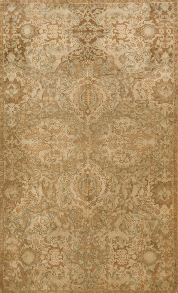 Tan and beige distressed rug with an intricate traditional central medallion and floral design.