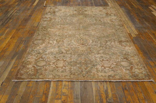 A monochromatic tan and brown ornate rug with low pile is displayed on dark, rustic wood flooring.