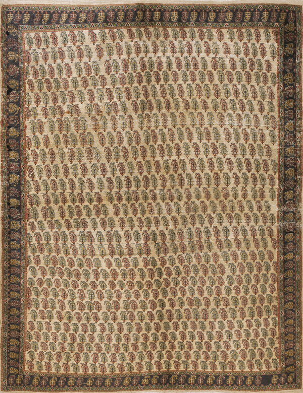 Muted beige rug with repeating rows of small red and green botanical motifs and a dark outer border.