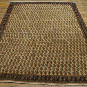 Traditional beige rug with red and green repeating patterns, a dark border, resting on worn wood floors.