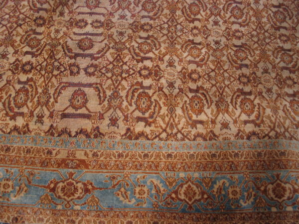 Beige rug featuring a dense geometric and floral pattern in rust and brown, highlighted by a teal border.