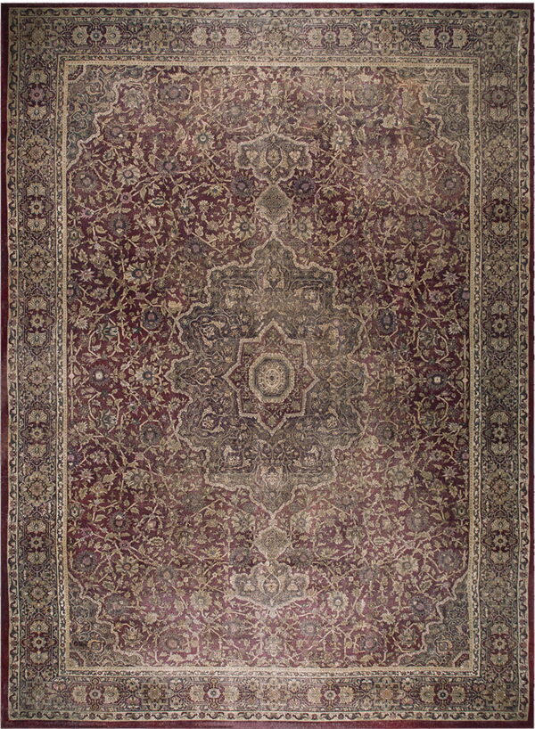 Deep red traditional medallion rug featuring intricate floral designs in faded beige and gray tones.