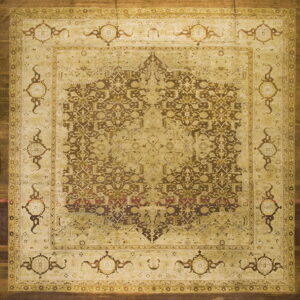 Intricate traditional square rug with a complex pattern in light beige, brown, and golden tones.