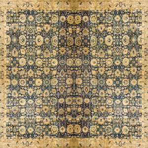 Dense gold and light blue botanical motifs cover a dark blue rug field bordered by a wide golden band.