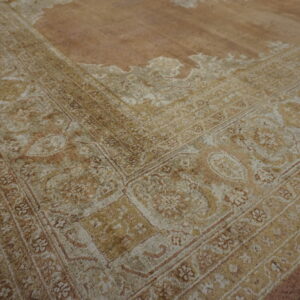 Ornate beige and brown traditional border detail of a low pile rug lying on gray wood flooring.
