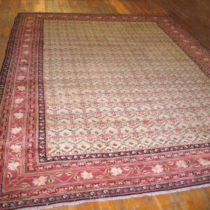 Large rug featuring a beige field and wide red and blue patterned borders on distressed hardwood floor.