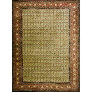 A light green rug with a repeating trellis pattern and wide rust and black floral borders.
