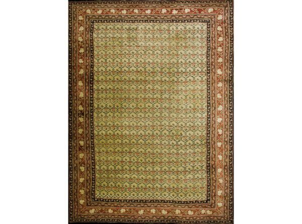A light green rug with a repeating trellis pattern and wide rust and black floral borders.