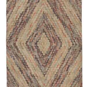 Textured rug with a concentric diamond pattern of muted beige, rust, gray, and burgundy zig-zags.
