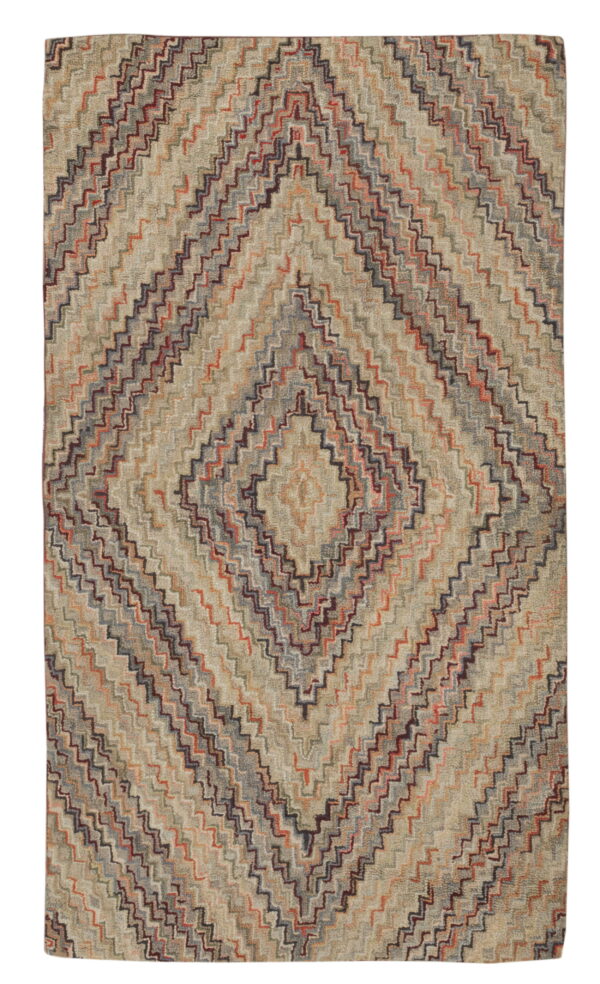 Textured rug with a concentric diamond pattern of muted beige, rust, gray, and burgundy zig-zags.