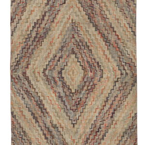 Earth-toned rug with a diamond pattern formed by beige, rust, maroon, and gray zig-zag lines.