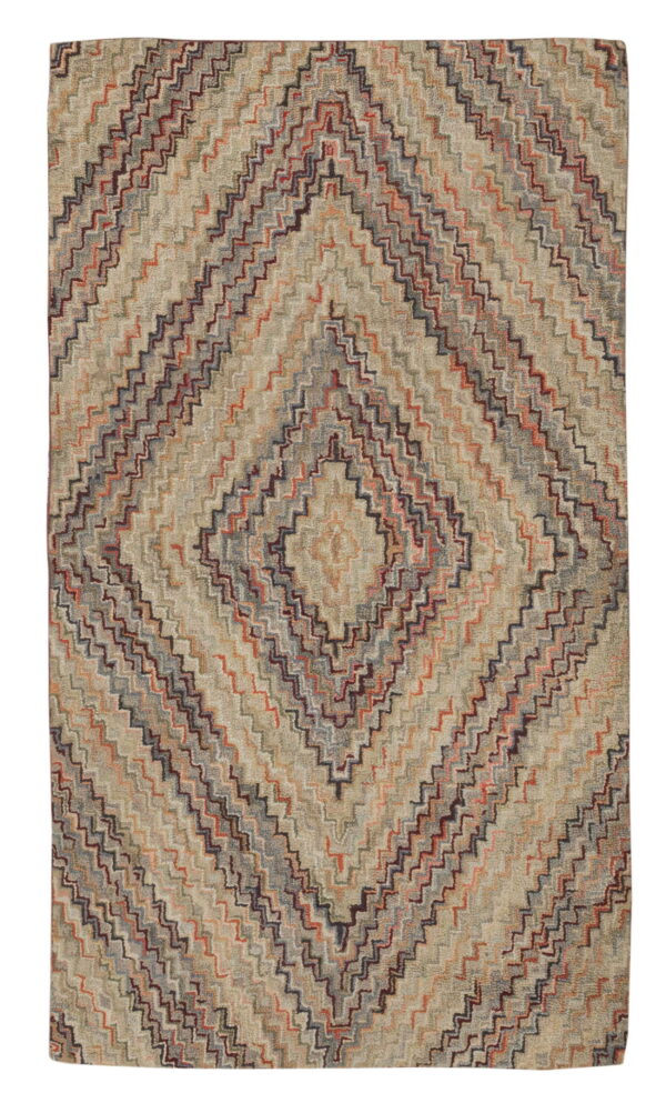 Earth-toned rug with a diamond pattern formed by beige, rust, maroon, and gray zig-zag lines.