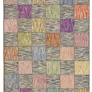 Patchwork rug with alternating squares of multicolored vertical stripes and horizontal gray-and-black striated texture.