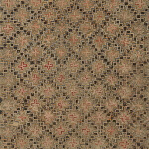 Textured, rectangular rug with stepped geometric patterns in tan, black, muted red, blue, and green.