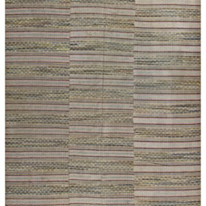 Textured flatweave rug in neutral tones featuring horizontal stripes of beige, brown, gray, and pastel pink.