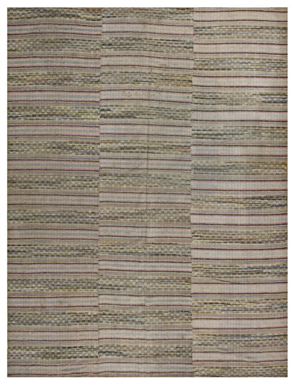 Textured flatweave rug in neutral tones featuring horizontal stripes of beige, brown, gray, and pastel pink.