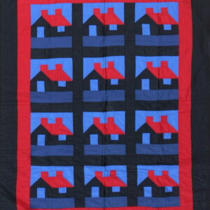 Flatweave textile featuring a black, blue, and red repeating house pattern bordered by solid red fabric.