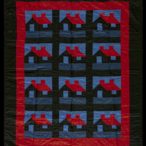Black, red, and blue textile featuring a repeated house pattern inside thick red and black borders.
