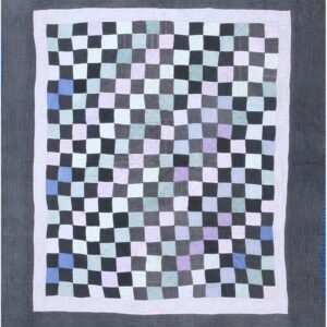 Square patchwork rug with a multicolored pastel and dark gray checkerboard field and quilted solid gray borders.