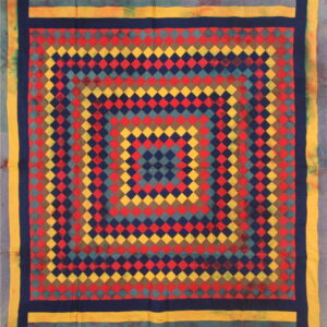Square flatweave rug with a concentric harlequin pattern in red, yellow, navy, teal, and brown, bordered by yellow and navy stripes.