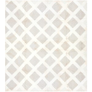 Cream rug featuring a geometric trellis of diamonds filled with small, dark paisley motifs.