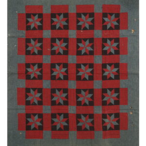 Flat-woven textile displaying a checkerboard of red gingham and gray squares with eight-point central star medallions.