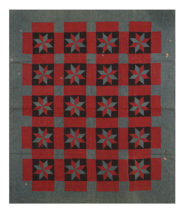 Flat-woven textile displaying a checkerboard of red gingham and gray squares with eight-point central star medallions.
