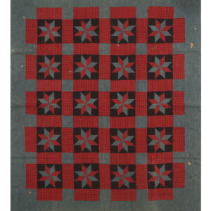 Red gingham, black, and blue-gray textile featuring a large checkerboard pattern with eight-pointed stars.