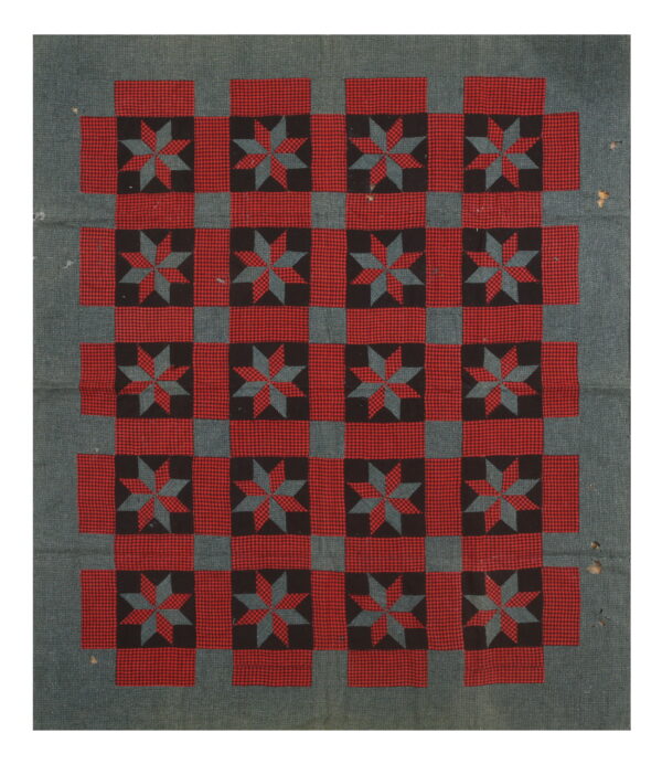 Red gingham, black, and blue-gray textile featuring a large checkerboard pattern with eight-pointed stars.