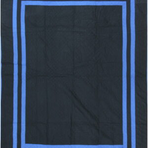 A black rug with a subtle quilted texture and a double blue rectangular stripe border.