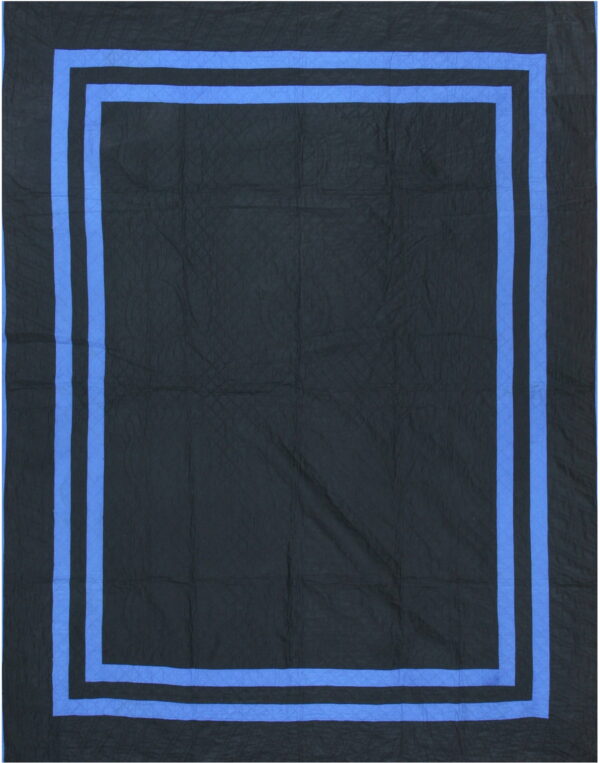 A black rug with a subtle quilted texture and a double blue rectangular stripe border.