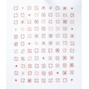 Flat textured rug displaying a dense pattern of rose-red star and diamond designs on a white surface.