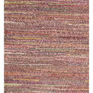 High-texture runner rug in heathered reds and browns with sparse yellow and green horizontal stripes.