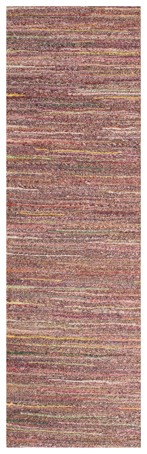 High-texture runner rug in heathered reds and browns with sparse yellow and green horizontal stripes.