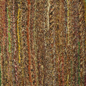 A multicolored, high-texture rug with speckled brown and bright vertical stripes next to light wood flooring.