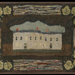 Primitive hooked rug depicting a house scene bordered by multi-colored stripes and olive-green leaves on a dark brown field.