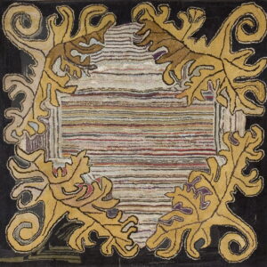 Black rug framed by yellow swirling leaves around a center panel of textured multicolored horizontal stripes.