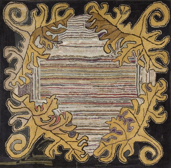 Black rug framed by yellow swirling leaves around a center panel of textured multicolored horizontal stripes.