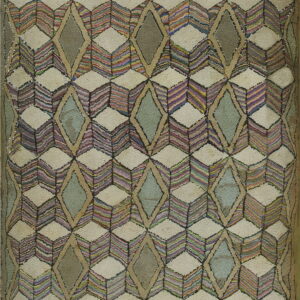 High-pile rug with an optical geometric pattern using multicolor stripes, beige, and muted gray diamonds.