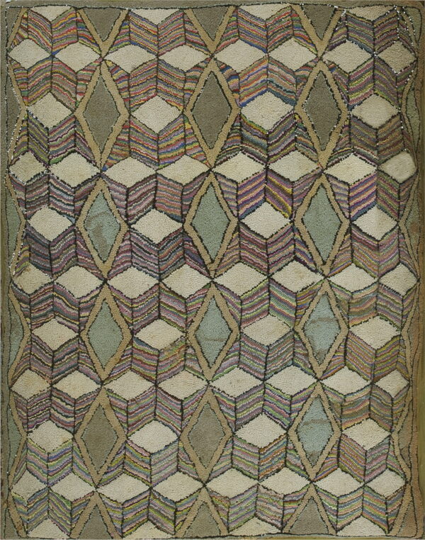 High-pile rug with an optical geometric pattern using multicolor stripes, beige, and muted gray diamonds.