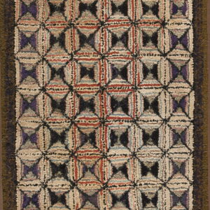 Highly textured rug displaying a multi-colored geometric block pattern framed by a wide dark olive border.
