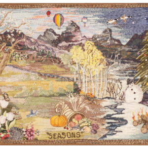 Hooked rug featuring a multicolored folk art landscape depicting spring, summer, fall, and winter scenes.