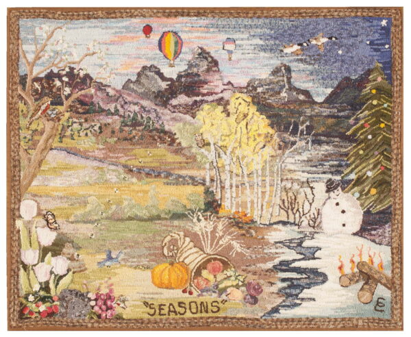 Hooked rug featuring a multicolored folk art landscape depicting spring, summer, fall, and winter scenes.